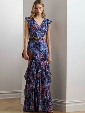 Lauren Ralph Lauren Navy Floral Ruffled Maxi Dress